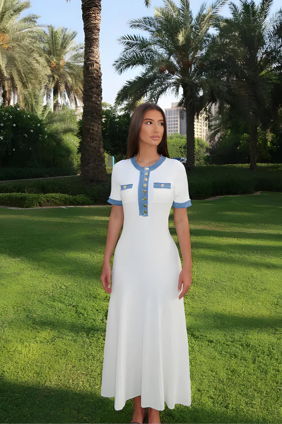 Sarah Blue-Trim Midi Dress